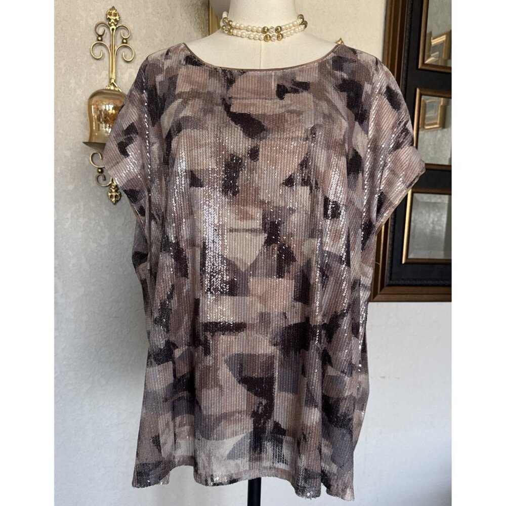 Sequined Formal Top Blouse Scoop Neck Short Sleeve Brown Gray Women Sz L